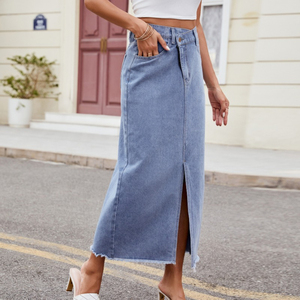 Falda Larga de Mezclilla Lavada con Efecto Nieve, Estilo Casual Elegante de Cintura Alta y Corte en A para Mujer, Ideal para Verano y Estilo Dulce y Elegante para Invierno - Product Image 3