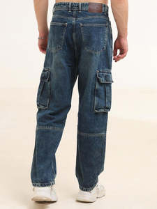 Pantalon cargo en jean délavé mi-taille coupe ample pour homme, en coton mi-lourd, écologique, résistant à la décoloration, bleu automne, avec poches - Product Image 2