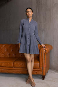 Vestido Camisero a Rayas con Cuello Alto y Dobladillo Escalonado, Vestido Casual Mini de Manga Larga para Otoño, Tejido de Viscosa y Algodón, Estilo Transpirable - Product Image 5