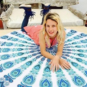 Tapisserie murale ronde Ombre Hippie Mandala Bohème Indienne, Nappe 70 pouces 178cm Bleu sur Blanc - Product Image 6