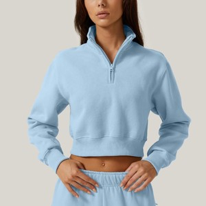 Sudadera de punto azul claro para mujer, cuello alto, manga larga, color liso, estilo crop, con media cremallera, para otoño, precio de fábrica 2026, ODM - Product Image 2