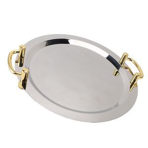 Ensemble de 3 plateaux de service en acier métallique avec poignée dorée, finition argentée, pour la maison et la restauration, plateau de service alimentaire - Product Image 2
