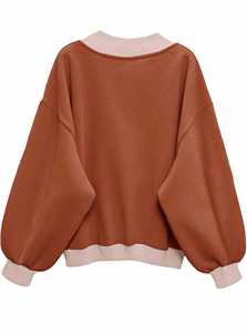 Women's Hooded Oversized V-Neck Sweatshirt Contrast Trim Puff Sleeves Front Eco-Friendly Loose Fit Casual <b>Winter</b> <b>Top</b> Wholesale - Product Image 4