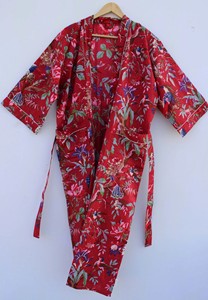 Robe kimono imprimée oiseaux rouges pour femme, 100 % coton, col en V, tenue d'été décontractée, paréo de plage, kimono de style japonais - Product Image 2