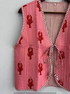 Chaleco Acolchado de Algodón Reversible y Transpirable con Estampado de Langosta Rosa, Estilo Vintage, Sin Mangas - Product Image 5