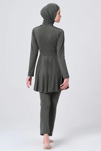 Willson Striped Burkini 2-Piece <b>Set</b> Beige & Tan Quick Dry Spandex/Nylon Fabric Waterproof <b>Plus</b> <b>Size</b> Swimwear with Legging Turban - Product Image 3