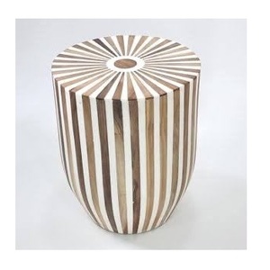 Mesa de centro moderna extensible con incrustaciones radiales de madera y diseño de cilindro a rayas - Product Image 1