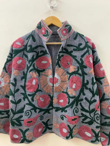 Chaqueta de Algodón con Bordado Floral a Mano, Cuello Mandarín, Abertura Frontal, Corta, Prenda Exterior Chic para Mujer, Regalo para Ella - Product Image 4