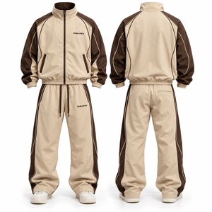 Ensemble de survêtement beige marron pour homme, veste athlétique à fermeture éclair intégrale, pantalon de jogging, vêtements de sport, entraînement, gym, course à pied, logo personnalisé - Product Image 1