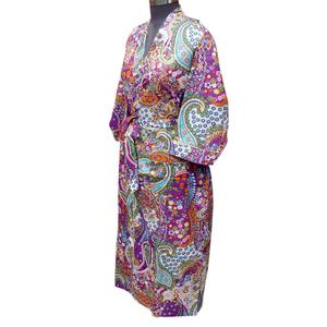 Summer Casual Sleepwear <b>Kimono</b> Multi Color Floral Pattern Woman's Spa Robe 100% Cotton V-neck <b>Belt</b> Closure Full Length - Product Image 2