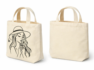 Canvas Tote <b>Bag</b> With Woman In <b>Hat</b> And Flower Design Medium Size Casual Style Daily Use Hand Carry Handle - Product Image 5