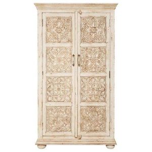 Luxury Handcrafted Solid Wood 2 Door <b>Wardrobe</b> Ornate Mandala Carving Distressed Cream White Armoire - Product Image 1
