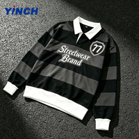 Penjualan Langsung Pabrik Jersey Rugby Polo Vintage Custom OEM Bergaris Bordir Vintage Lengan Panjang Kaos Rugby Pria