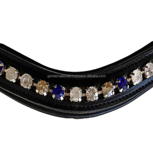 Bandeau de tête pour cheval en cuir équestre original avec une seule couche de pierres bleues, blanches et dorées, chaîne scintillante, bandeau de tête à canal vide - Product Image 5