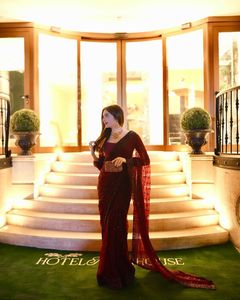Designer Party Wear Sequence Work <b>Maroon</b> Colour Georgette <b>Saree</b> Paired With Georgette Unstitched Blouse - Product Image 4
