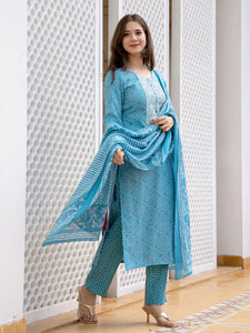 Blue Rayon Quick Dry Multi-Season <b>Kurta</b> Set Printed Dupatta Traditional Wear <b>for</b> <b>Women</b> India Pakistan Casual Midi Length Regular - Product Image 4