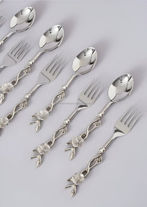 Best Quality Luxury Silver Stainless Steel And Brass Floral Branch Carved Spoon & <b>Fork</b> 12 Pcs Set - Product Image 3