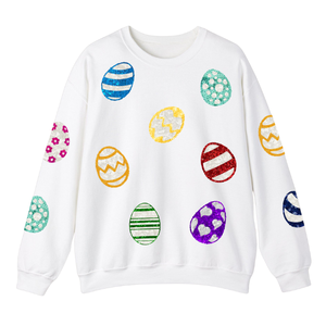 T-shirt décontracté à col rond pour femme, manches longues, avec patchs de sequins brodés personnalisés, motifs d'œufs décoratifs mignons de Pâques 2026, respirant - Product Image 1