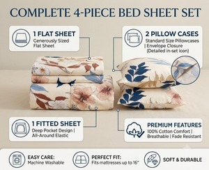 Parure de draps imprimés floraux, best-seller, taille Queen, drap plat et drap-housse, style classique toutes saisons, pour la vente en gros - Product Image 2