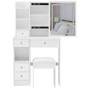 Tavolo da Trucco da Scrivania Compatto con Cassetto Sinistro, Sgabello Imbottito, Specchio LED Scorrevole con Controllo Touch e Cambio Colore a Tre Tonalità - Product Image 3