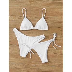 Conjunto de Bikini de Dos Piezas para Mujer, Top Triangular con Tirantes Ajustables, Braguita con Lazos Laterales, Traje de Baño de Color Sólido, Elástico, Ropa de Playa - Product Image 3