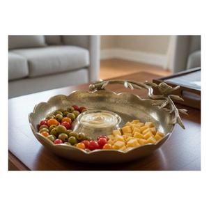 Plat de service rond moderne en acier inoxydable motif branche d'arbre pour chips et trempettes, 36x5 cm, parfait pour servir des collations aux invités sur la table à manger à la maison - Product Image 5