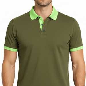 Polo de hombre verde oliva de alta demanda con cuello en contraste verde limón neón, corte ajustado y manga corta para golf. - Product Image 2