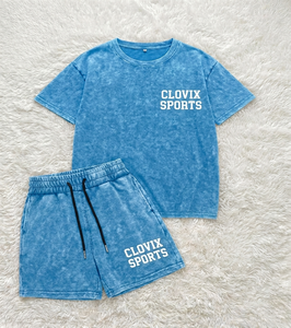Ensemble T-shirt et short en coton délavé Clovix Sports, coupe ample, taille élastique avec cordon de serrage, logo personnalisé, vêtements streetwear - Product Image 5