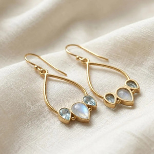 Gold Plated Brass Rainbow Moonstone and Blue Topaz <b>Earrings</b>, Daily wear casual <b>earrings</b> Wholesale Price - Product Image 2