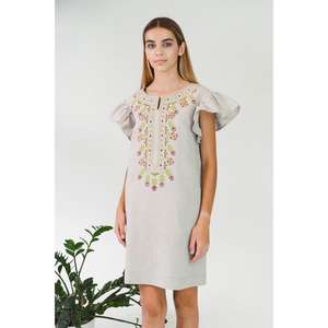 Vestido tipo camisero de lino bordado para mujer, de manga corta, estilo étnico informal. - Product Image 1