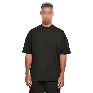 T-shirts à col montant doux au toucher, style décontracté noir uni, avec logo personnalisé, tissu lavé de qualité supérieure, poids 200 grammes - Product Image 1