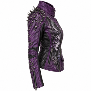 Veste en cuir véritable violet foncé pour femme, style gothique, avec imprimé visage, cloutée, fermeture éclair croisée aux épaules, manteau de motard, fournisseur d'usine - Product Image 3