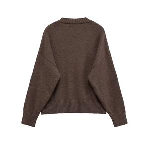 Pull en tricot uni pour femme, style rétro, col en V, décontracté, style européen, polyester et coton, appliques sur le devant - Product Image 3
