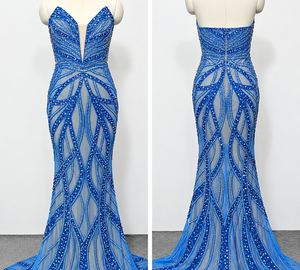 Robe de bal de luxe de qualité supérieure, longue, à col en V, avec motif en dentelle perlée et sequins, pour soirée et dîner, naturelle - Product Image 1
