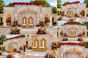 Arche de mariage en bois blanc de luxe avec décor floral rouge et ensemble de chaises, arches en mosaïque miroir époustouflantes pour un toile de fond de rêve parfait - Product Image 2