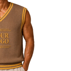 Gilet en tricot d'été pour homme, couleur taupe avec rayures contrastées jaune moutarde, col en V, sans manches, pull personnalisé avec logo, laine acrylique OEM - Product Image 4