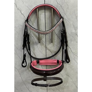 Brida Inglesa de Cuero Charol Negro con Acolchado Rosa y Frontal de Cristal, Herrajes de Acero Inoxidable, para Equitación, Disponible en 4 Tamaños - Product Image 1