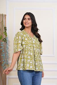 Blusa corta de algodón 100% para mujer, ropa de fiesta informal, estampado tradicional a mano, Floral estilo bohemio, Oliva, lavable Natural - Product Image 2