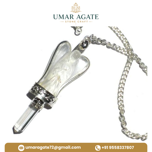 Pendules en pierres précieuses faites à la main, pierre de soleil bleue polie à 6 facettes, pendules Feng Shui avec chaîne en argent, provenant d'Umar Agate Gujarat - Product Image 4