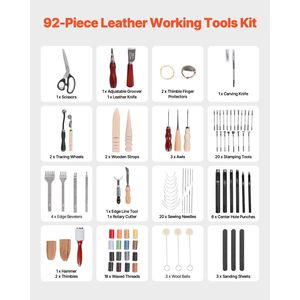 Kit d'outils de travail du cuir portable 92 pièces avec outils de couture, de marquage et de gravure, comprenant un sac de rangement pour le poinçonnage, pour l'artisanat du cuir - Product Image 2