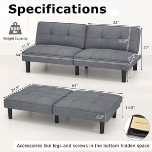 Adjustable Backrest Convertible <b>Folding</b> Futon Sofa <b>Bed</b> 6-Position with Durable Convertible Design - Product Image 6