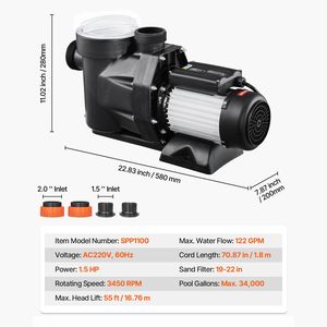 Bomba de Piscina Sumergible de 1.5HP, 122 GPM Flujo Máximo, 220V, 3450 RPM, 55 pies Elevación Máxima, Velocidad Única con Carcasa de PP - Product Image 4