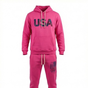 Unisex <b>Pink</b> USA Print <b>Tracksuit</b> Hoodie And Pants Set Casual Full Sleeve Drawstring Sweatshirt With Pocket Autumn Wear - Product Image 1
