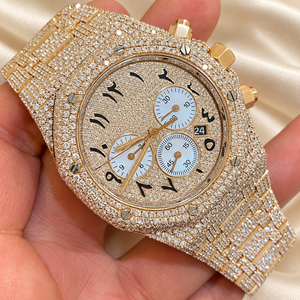 Montre chronographe mécanique de luxe bicolore en moissanite glacée avec mouvement ETA, bracelet en acier inoxydable, cadran rond 41 mm pour homme - Raj Gems - Product Image 5