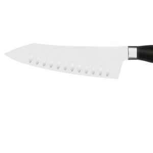 Couteaux de cuisine noirs à manche courbé avec lame angulaire argentée et fossettes ovales pour trancher, hacher et couper en dés les légumes et préparer les aliments - Product Image 3