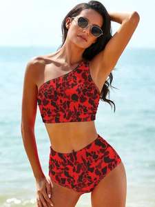 Ensemble bikini taille haute asymétrique pour femme, avec logo personnalisé, imprimé camouflage, maillot de bain deux pièces athlétique, tenue de plage - Product Image 5