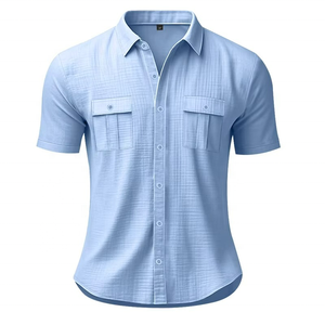 Chemise décontractée pour homme en coton et lin à manches longues, double poche, grande taille, motif uni satiné pour les vacances d'automne - Disponible en gros - Product Image 1