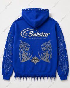 Sweat-shirt à capuche personnalisé bleu vieilli avec strass pour homme, style streetwear, logo personnalisé, impression graphique et manches ornées - Product Image 2