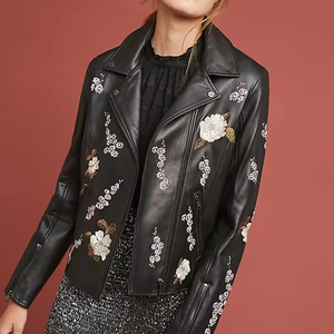 Vestes d'hiver respirantes en cuir d'agneau véritable imperméable de style motard avec broderie florale et patchwork, grandes tailles pour femmes - Product Image 1