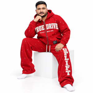 Survêtement zippé avec détails en strass rouges, sweat à capuche en polaire pour homme, pantalon large, broderie personnalisée, vêtements streetwear d'hiver - Product Image 1